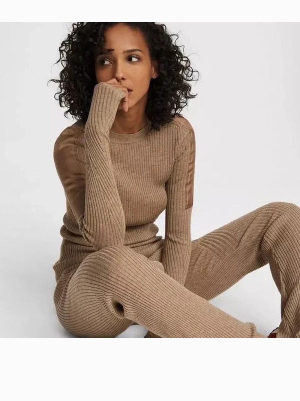 rag & bone Emory Ribbed Knit Merino Wool Pants Top Set Beige Camel